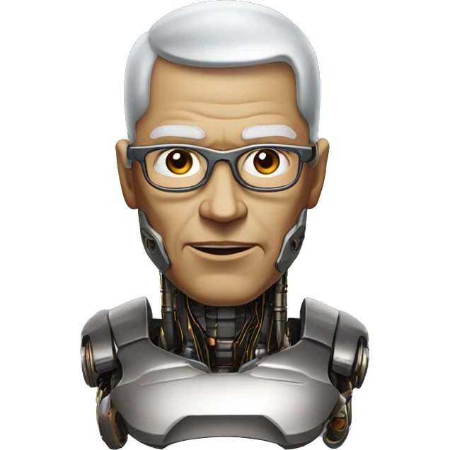Older Male cyborg head with metallic plated face, brown flat top haircut, glasses and circuitry emoji