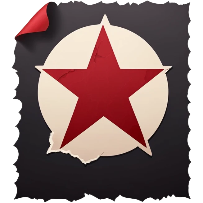 Minimalist emoji-style sticker of a blank torn contract with a pentagram stamp and drop of muted red ink. Gothic feel, flat design.
 emoji