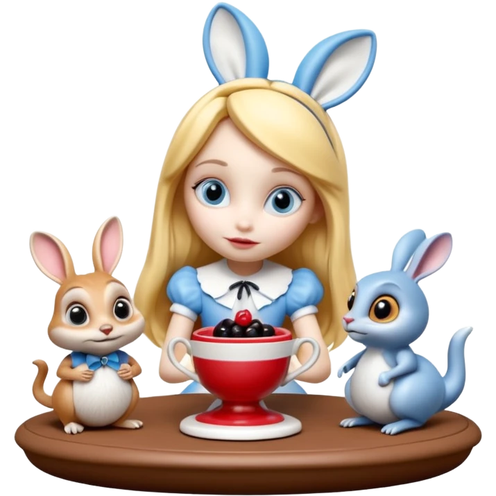 Still life, 3D rendering, hyperrealism, detailed illustration of the most incredibly cute, modern style of disney's Alice in wonderland with anthropomorphic creatures
figurine imaginable, toy style. emoji