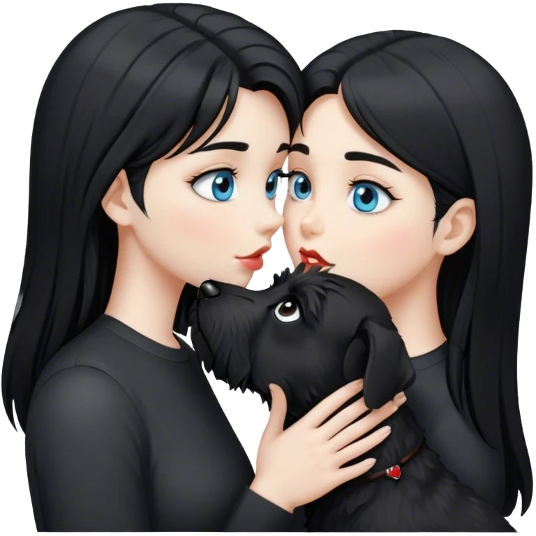 one pale girl with light blue eyes and long black hair wearing black shirt kissing black schnauzer  emoji