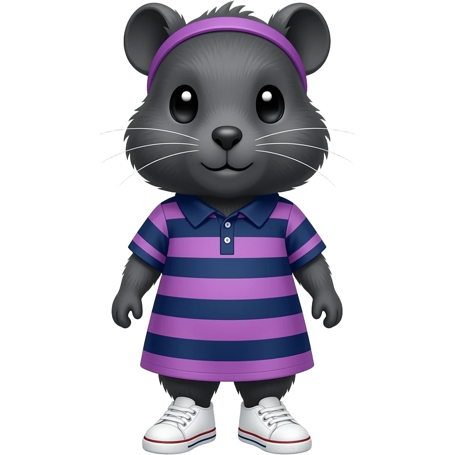 dark gray guinea pig in navy and purple stripe polo dress and white sneakers and purple hairband emoji