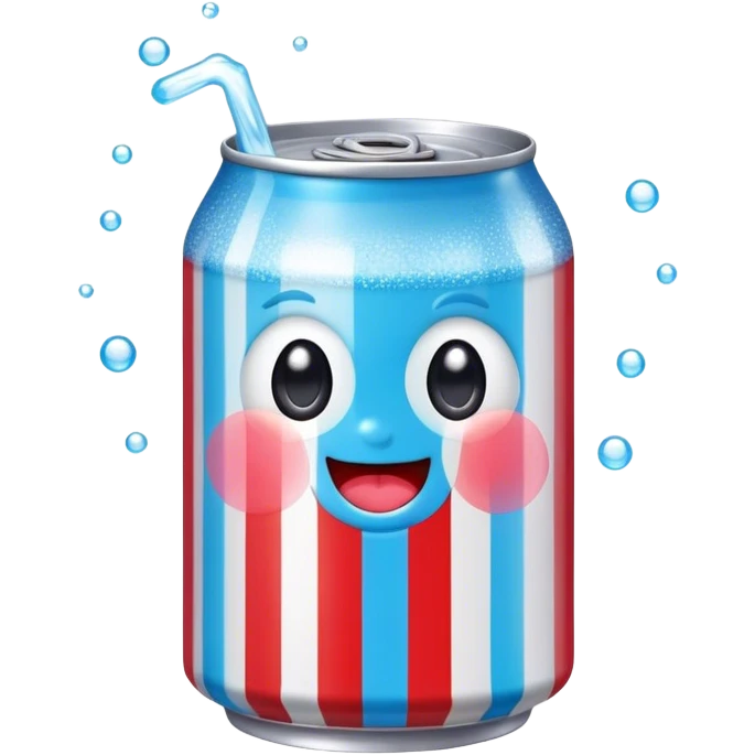 Cute Kawaii Soda Can, bubbly and vibrant, bright red and blue stripes, playful fizz popping around, a chubby happy face with wide sparkling eyes, energetic and refreshing! emoji