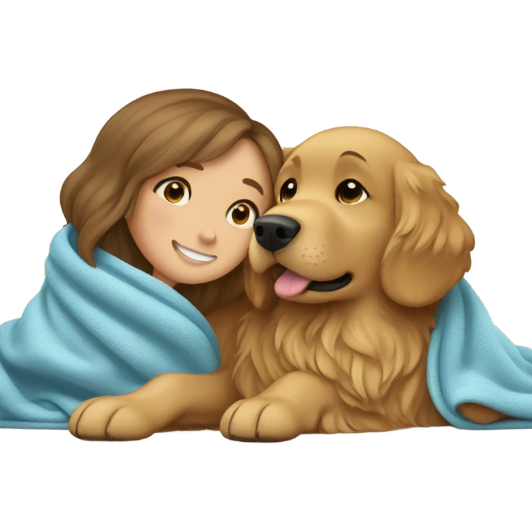 Golden retriever and brown hair blue eyed girl in blanket together  emoji
