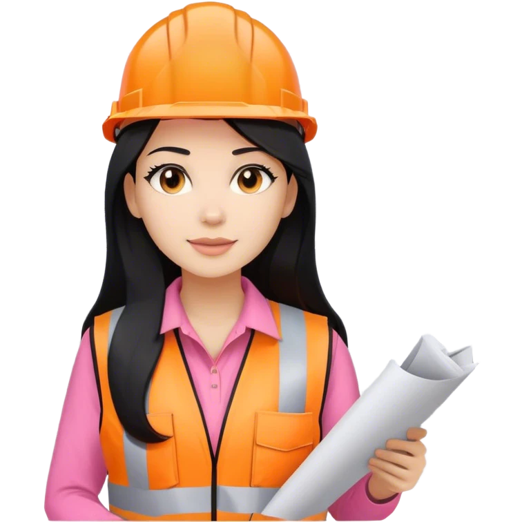 Female civil engineer with long black hair and white helmet wearing pink shirt and an orange safety vest looking at construction plan  emoji