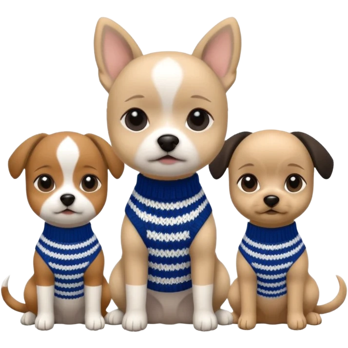 3 cagnolini seduti  in bianco e nero con vestitini in maglia emoji