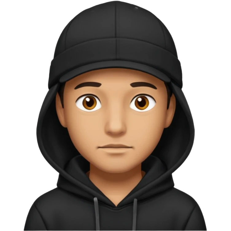 Guy wearing a black hoodie and a black cap his eyes hunter eyes brown and his skin white but tanned  emoji