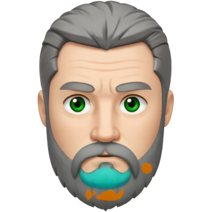 Greenish grey eyed adult man with sad eyes, poor short dark grey hair and a very long viking beard hanging. Pale skin. He's serious and looks tired. Make sure his hair and beard are both dark grey. emoji