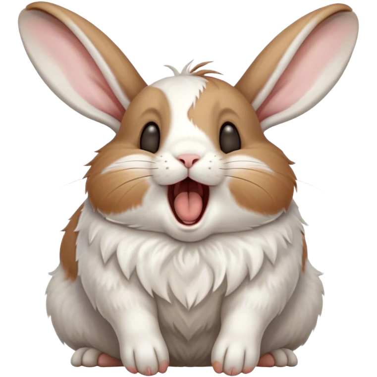 Cinematic Cute Yawning White and Brown Rabbit Portrait Emoji, Head tilted slightly with a dramatic, wide-open yawn, showcasing a soft, patterned fur with crisp white and warm brown patches, floppy ears slightly drooping, round eyes barely open in drowsy contentment, Simplified yet irresistibly adorable features, highly detailed, glowing with a soft, cozy glow, high shine, relaxed yet expressive, stylized with a touch of whimsy, bright and endearing, soft glowing outline, capturing the essence of a sleepy yet affectionate bunny, so drowsy it feels like it could stretch out of the screen and curl up for a nap! emoji