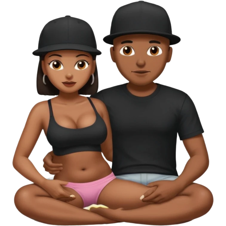 A picture of a tanned couple. the man is a Mexican man with tanned skin, with a bald hair cut wearing a SnapBack hat and a black shirt. the woman grinding on his lap has thick dark brown hair and with big naked boobs emoji