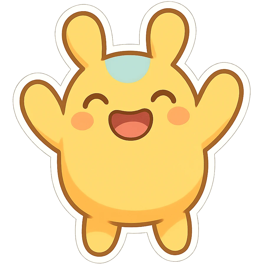 Yeep from Yeeps Hide and Seek, smiling, arms up, cartoon style, colorful, minimal background emoji