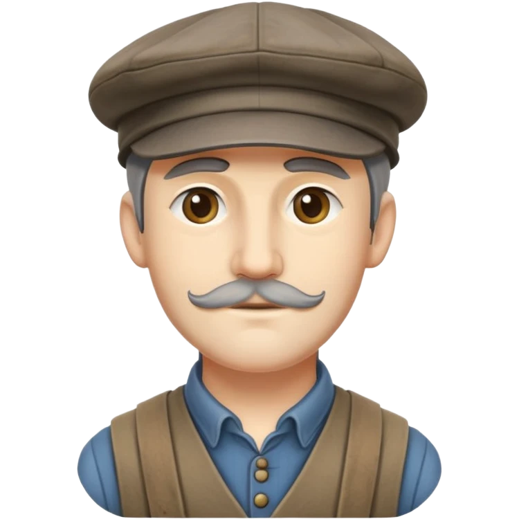 Highly detailed 19th century English factory worker with weathered face, detailed period-accurate clothing, flat cap, and realistic facial features emoji