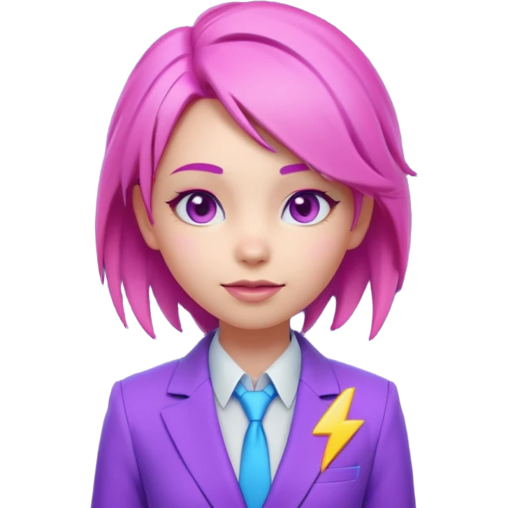 Cute 3D emoji-style girl sexy character with pink hair and purple eyes. No hands, no pose. Clean purple suit with a glowing neon-blue ‘C’ logo on the chest, small lightning accent. Smooth Apple-style lighting, friendly expression emoji