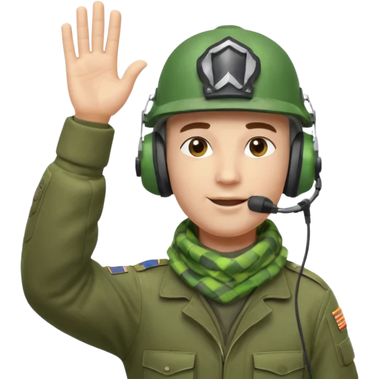 Soldier emoji head in green military helmet, large ear protectors, headset microphone, light green checkered scarf around neck, gray face, confident greeting pose with right hand raised in salute, vibrant colors, high detail on helmet textures and fabric, bust view, ultra-detailed PNG alpha channel emoji