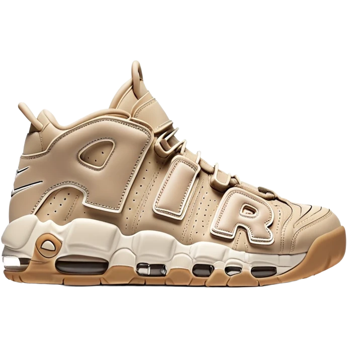 Two beige Nike Air More Uptempo sneakers arranged with one positioned behind the other, simple clean design with minimal details but distinct AIR lettering emoji