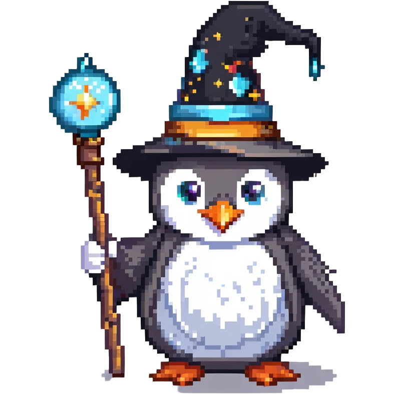 penguin wizard with a magic wand and wizard hat emoji