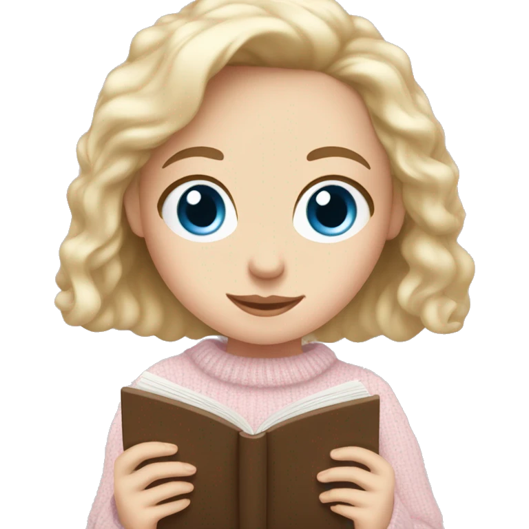 Pretty blue eyed white girl with light pink sweater reading cozy emoji