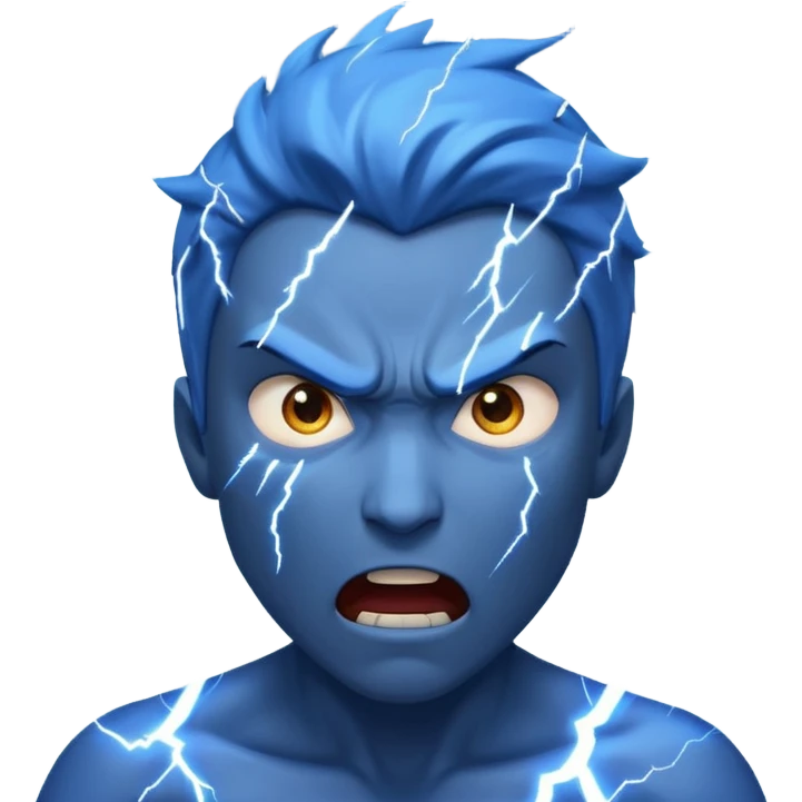 Rayos, centellas y estrellas en una cara color azul con expresiones de furia emoji