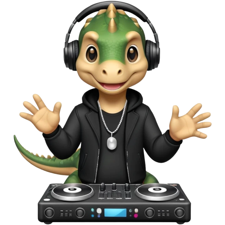 Dinosaurio muy tierno músico DJ con ropa negra emoji