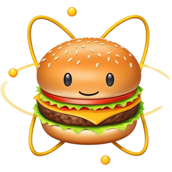 burger as the nucleus of an atom with electrons orbiting around it emoji