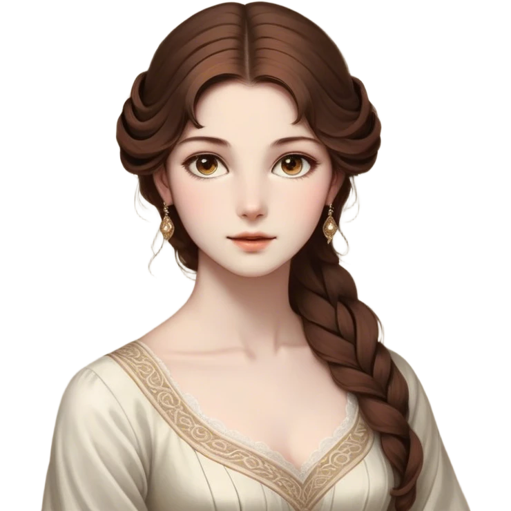 Cinematic Realistic Belle Portrait, depicted with lifelike skin texture, soft natural lighting, and intricately detailed brown hair styled elegantly. Her deep, expressive eyes exude warmth and intelligence, complemented by a serene and graceful expression. She is dressed in her classic attire, with rich fabric textures and delicate folds that catch the light beautifully. The portrait features a soft, enchanting glow with a natural, radiant finish, capturing the essence of timeless beauty in a realistic and painterly style, evoking a sense of depth and authenticity. emoji