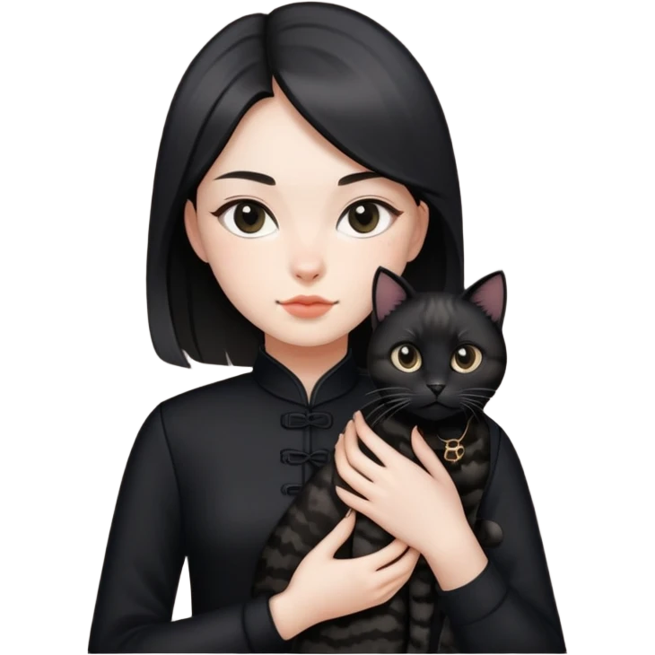 Young woman in black clothes with a black-patterned Chinese domestic cat emoji