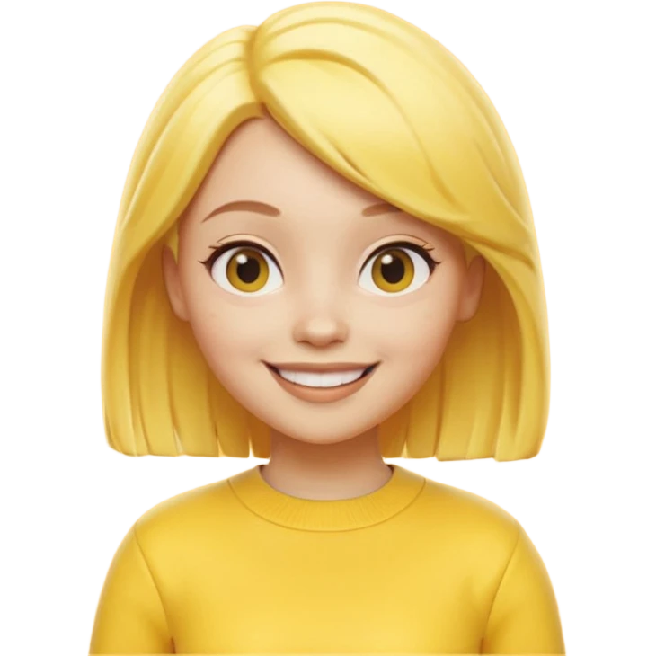 A 3D cartoon female character fully in yellow tones — skin, hair, and outfit all yellow — smiling gently, medium-length hair, cinematic Memoji-style rendering, cohesive with other yellow character emoji