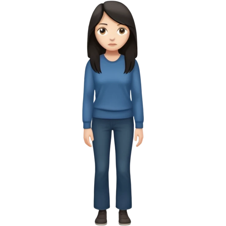 "Cartoon emoji of a woman with long, loose dark hair, wearing plain, simple clothes. Full-height, standing, nervous, unsure, worried expression. Slightly hunched, anxious posture. Smooth, simple, stylized."Eyes looking down or away, avoiding direct contact emoji