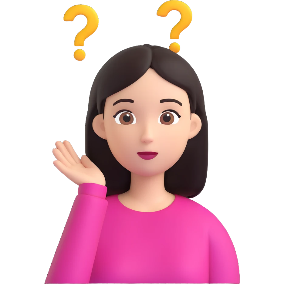 confused woman with straight dark hair, head tilted, question marks circling around her, 3D emoji style emoji