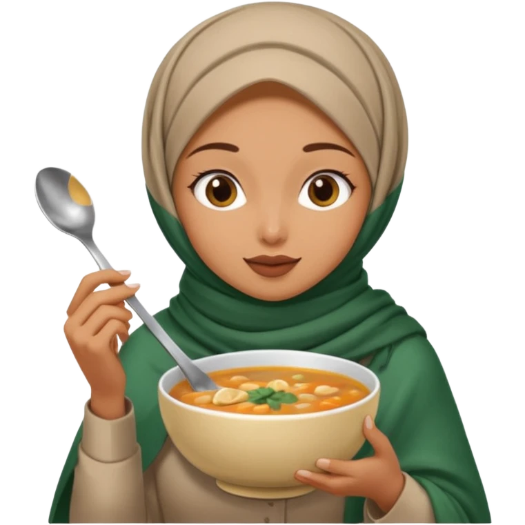 a woman wearing a pashmina hijab is eating while holding a spoon emoji