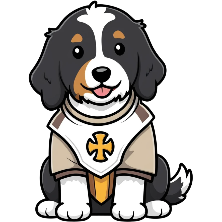 A black Bernedoodle with a white chest with Friar gear on emoji