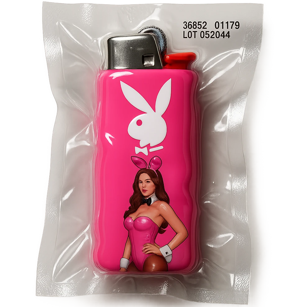 pink BIC lighter, glossy and puffy, with a white Playboy Bunny logo and a model in a pink bunny suit emoji