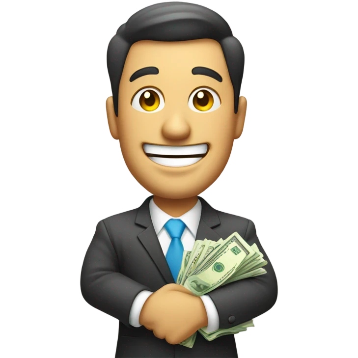 business man happy about saving money with saved money bills emoji