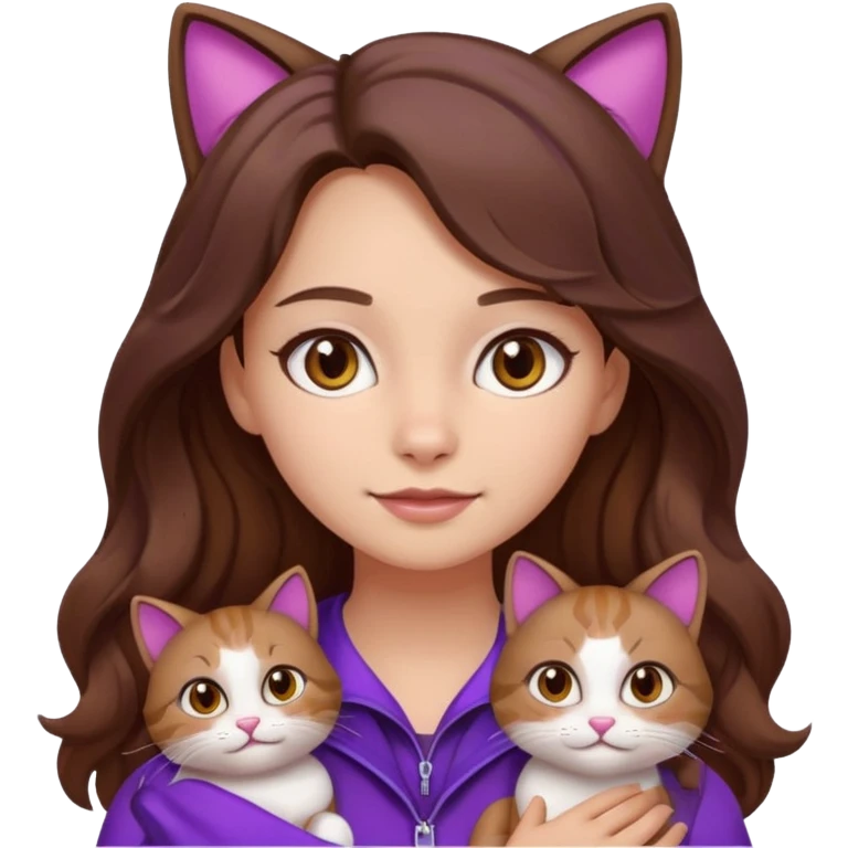 a girl with long wavy brown hair and brown eyes, wearing purple clothes, with a three-color cat, emoji style emoji