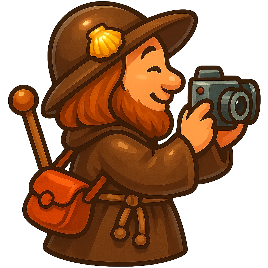 Create a small, funny medieval pilgrim taking a photo, seen from the side (profile view), in retro stickers style with a transparent background. Keep the character humorous and medieval-themed, matching the style of the reference image. emoji