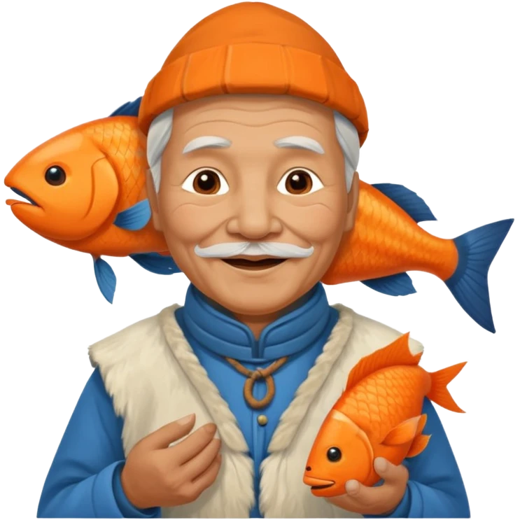 old inuit man with traditional inuit clothes and orange fish emoji