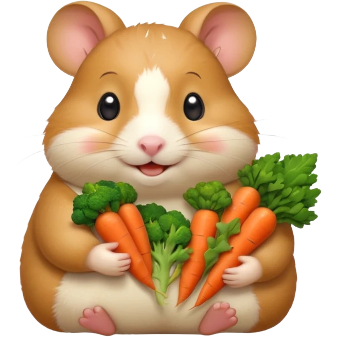 Cute chubby cartoon-style hamster holding a small bento box filled with vegetables, smiling proudly. Soft painterly shading, white background, sticker-style illustration emoji
