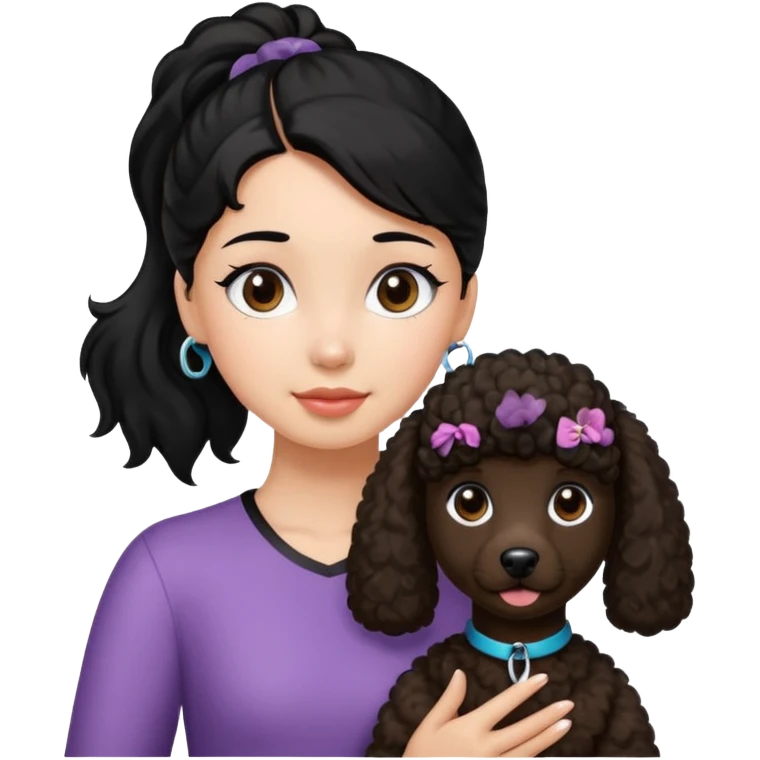 Ponytail black hair girl with brown Poodle say goodbye  emoji