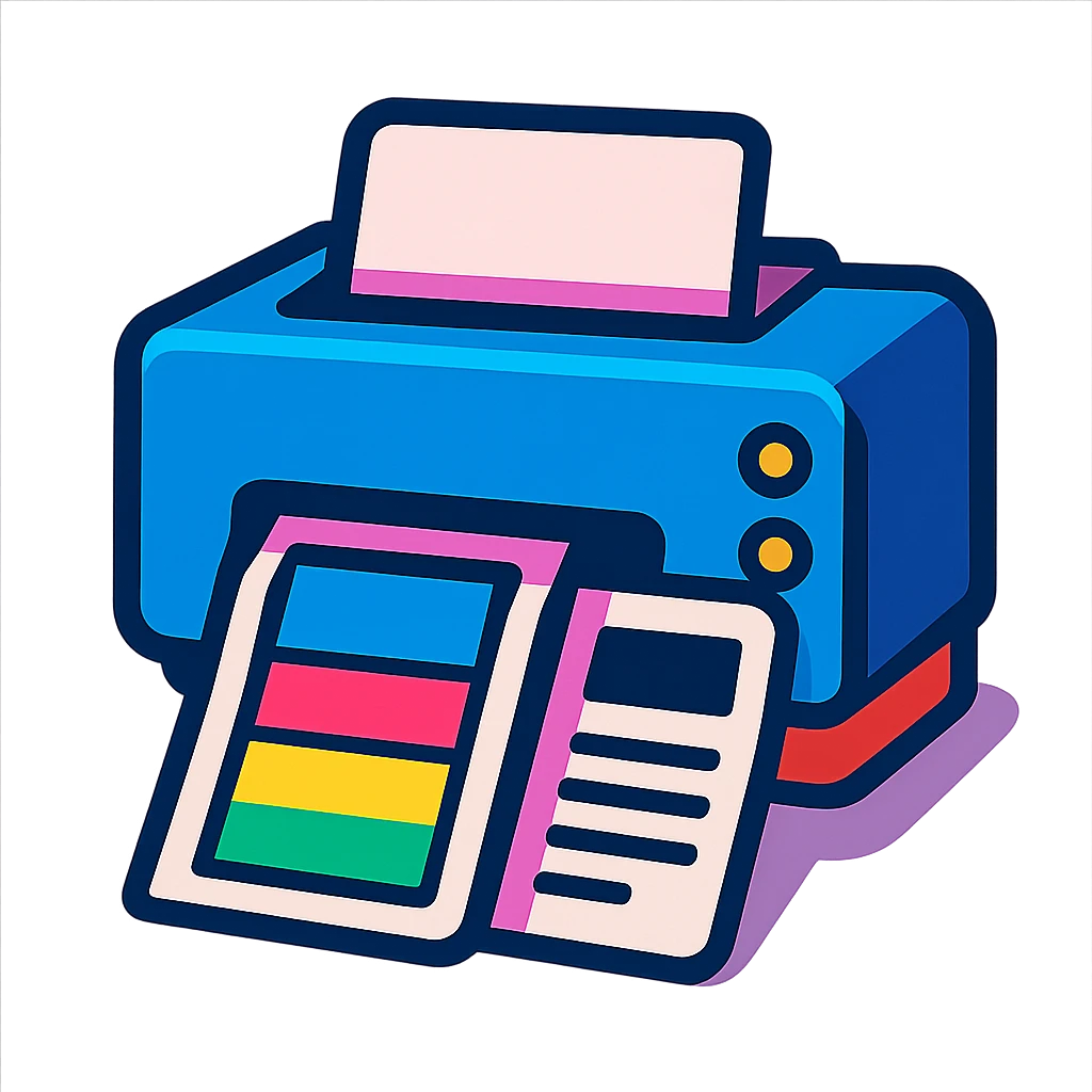 icon of a printer ejecting a color and a black printout, vibrant colorful style emoji