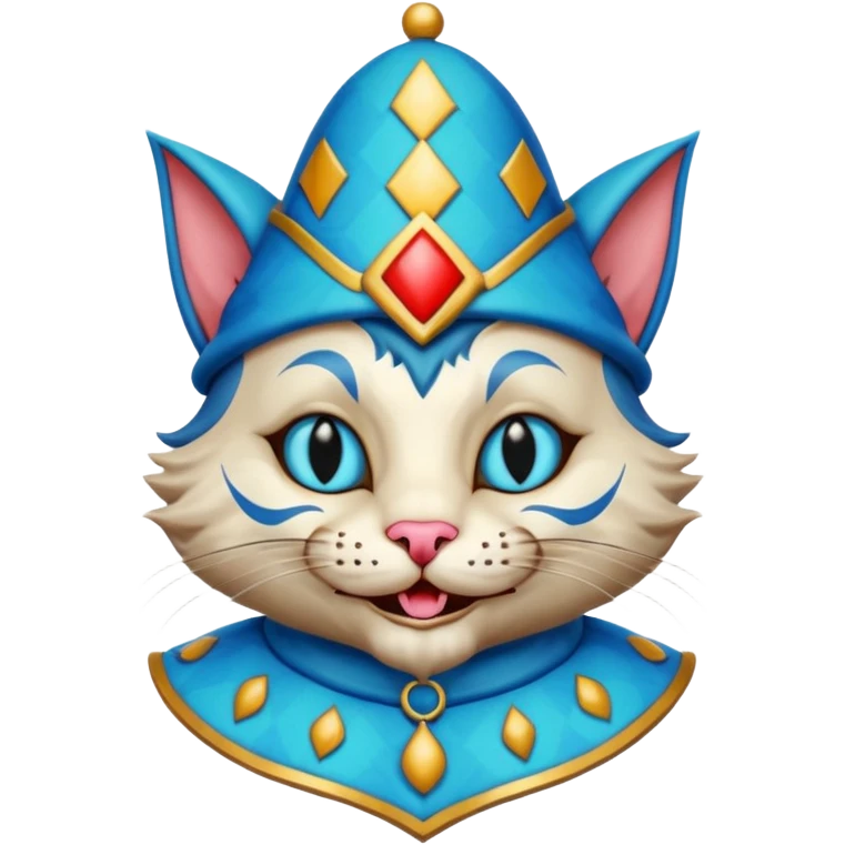 crazy colorful cute little cat jolly joker from poker, medieval, vintage, court jester, mac os icon, blue color emoji
