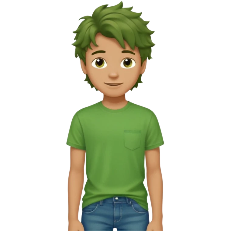 A 14 yerar old teenage boy, tanned, wearing a green t-shirt , blue jeans and green sneakers with brown wavy tousled hair, smirking emoji