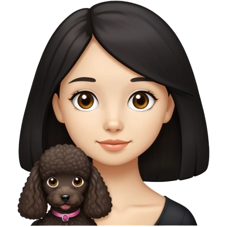 A girl with fair complexion with black long straight hair, dimples and brown eyes and miniature poodle emoji