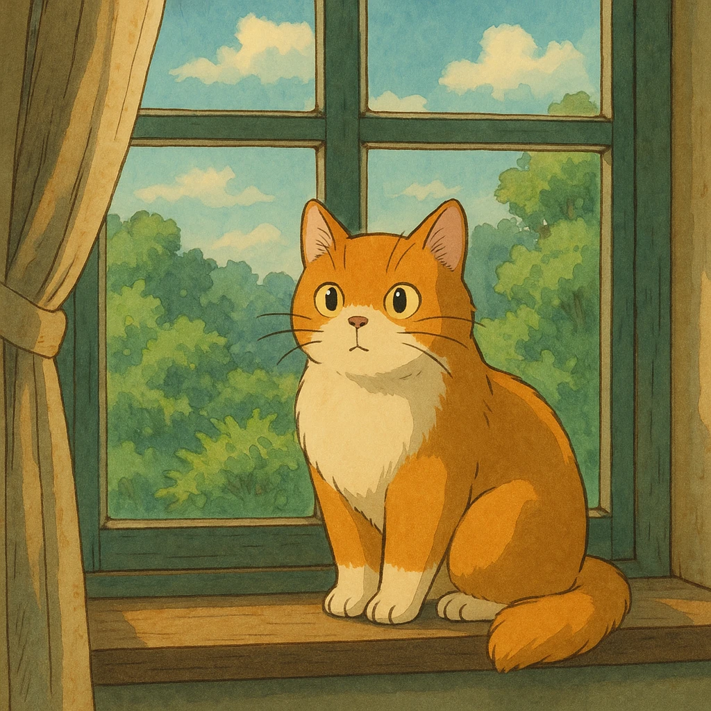 ghibli style cat sitting on a windowsill emoji