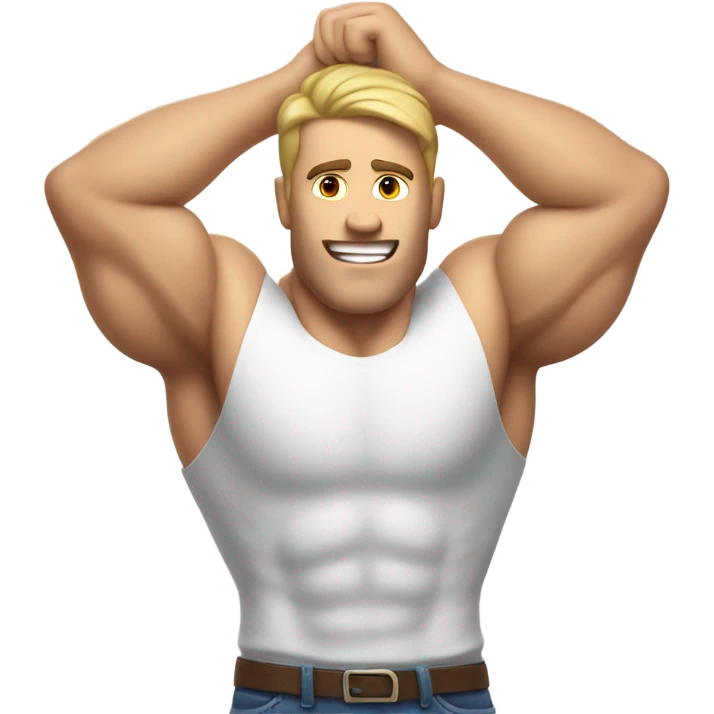 white muscle man showind hand behind head emoji