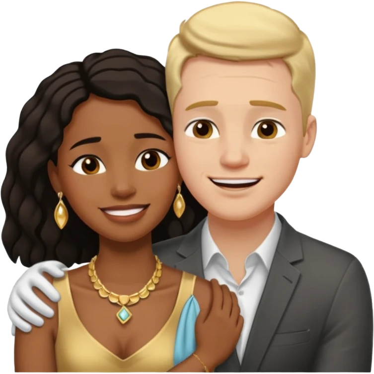 interracial couple. Black smiling woman with nice jewelry. White man crying with his arm around her shoulder. emoji