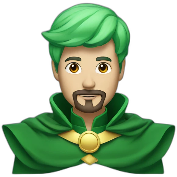 man with green hair green suit and large green top with gold strip hat goatee green cape emoji