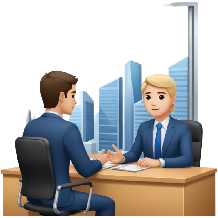 une image de 3/4 avec un recruteur à son bureau PAS DE FACE DE 3/4! qui regade un candidat assis en face de lui emoji