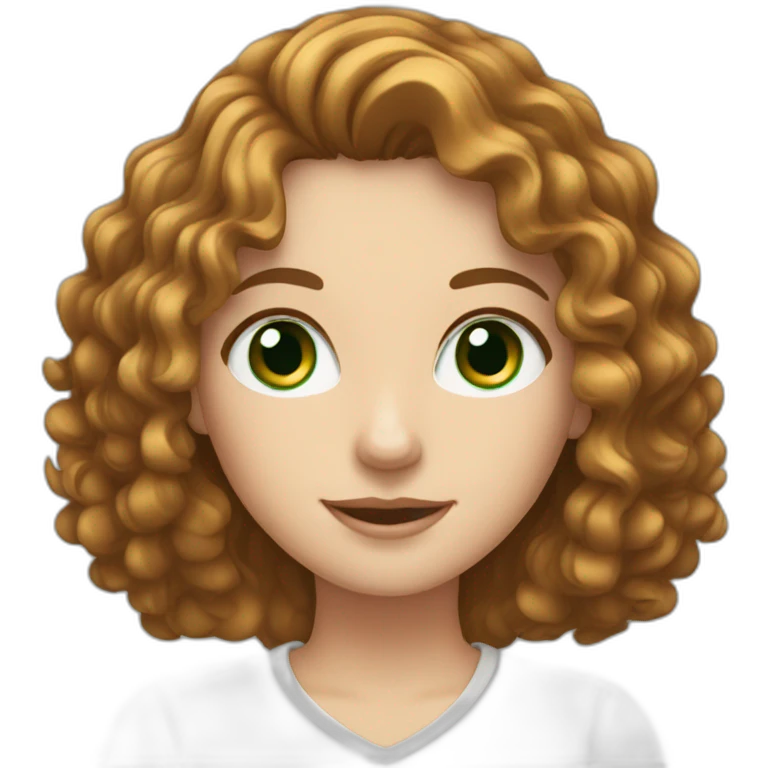 white girl on computer with brown curly hair and green eyes emoji