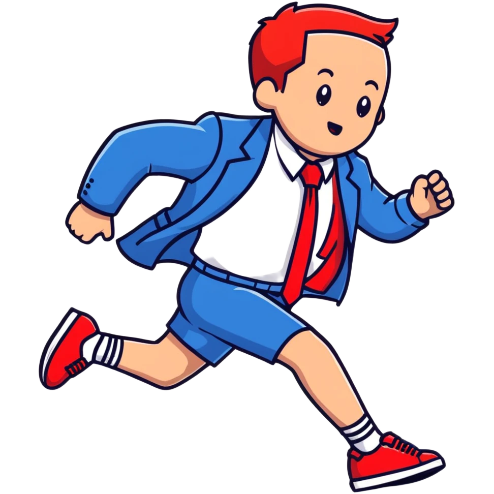 a running white man wearing a blue jacket, shorts, red sneakers, and a flowing red tie emoji
