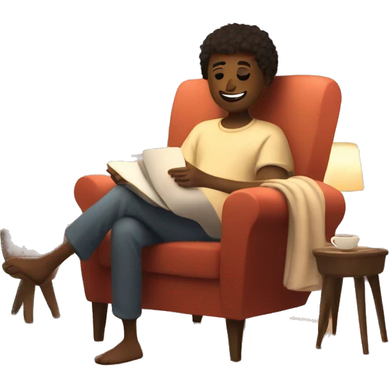 An image of a person relaxing on a comfy chair with a blanket, a cup of tea, and soft lighting, creating a peaceful atmosphere emoji