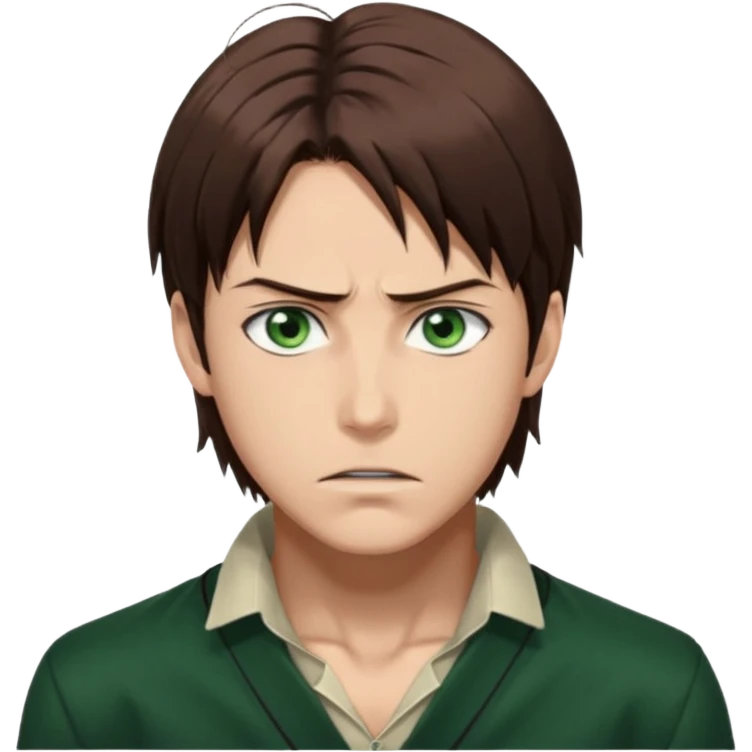 “Make him look like Eren Yeager S3 — long brown hair tied back, strong jawline, sharp green eyes, that cold, intense Eren vibe.” emoji